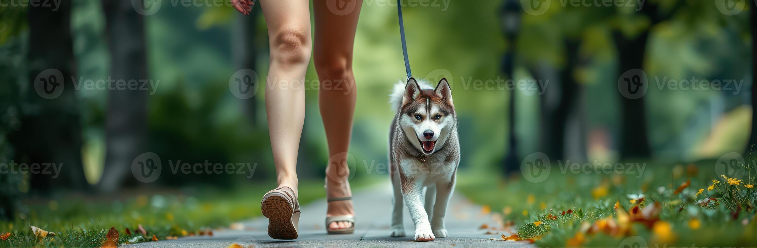 Dog walking on a sunny day in a park with vibrant greenery and falling leaves photo