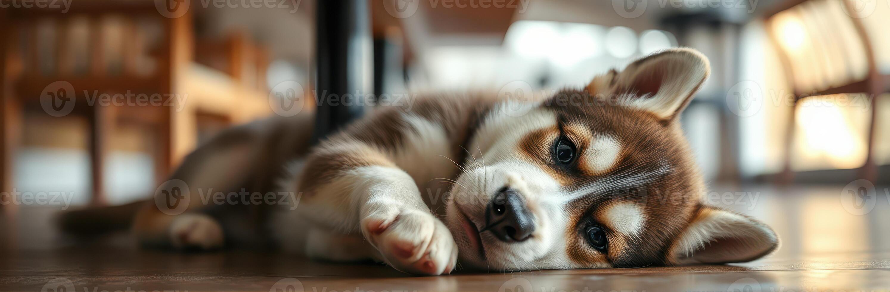 Playful husky puppy resting under a table in a cozy indoor environment during the day photo