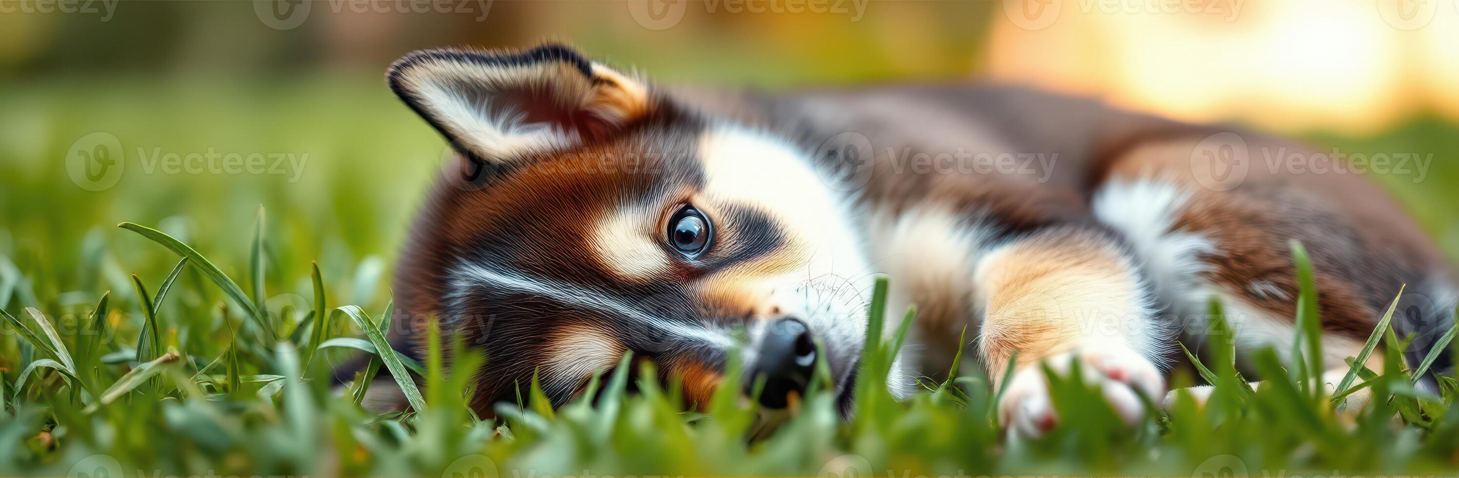 Cute puppy relaxing on green grass in a sunny garden during late afternoon photo