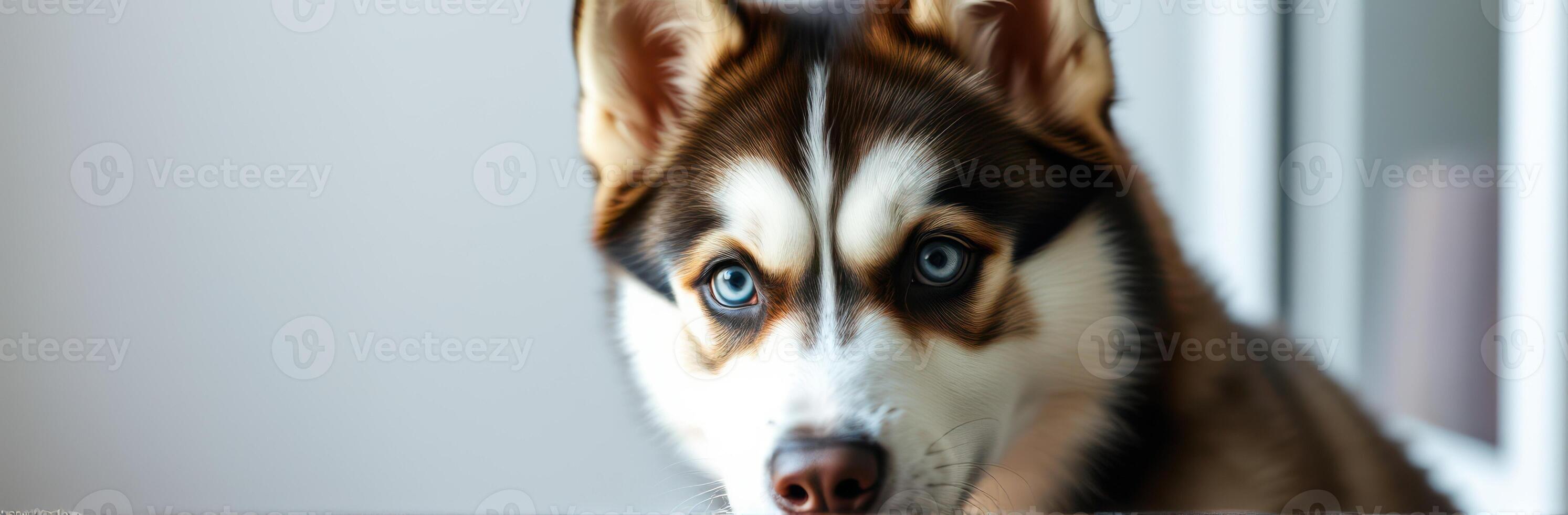 Siberian husky with striking blue eyes gazes curiously at the camera in a cozy indoor setting photo