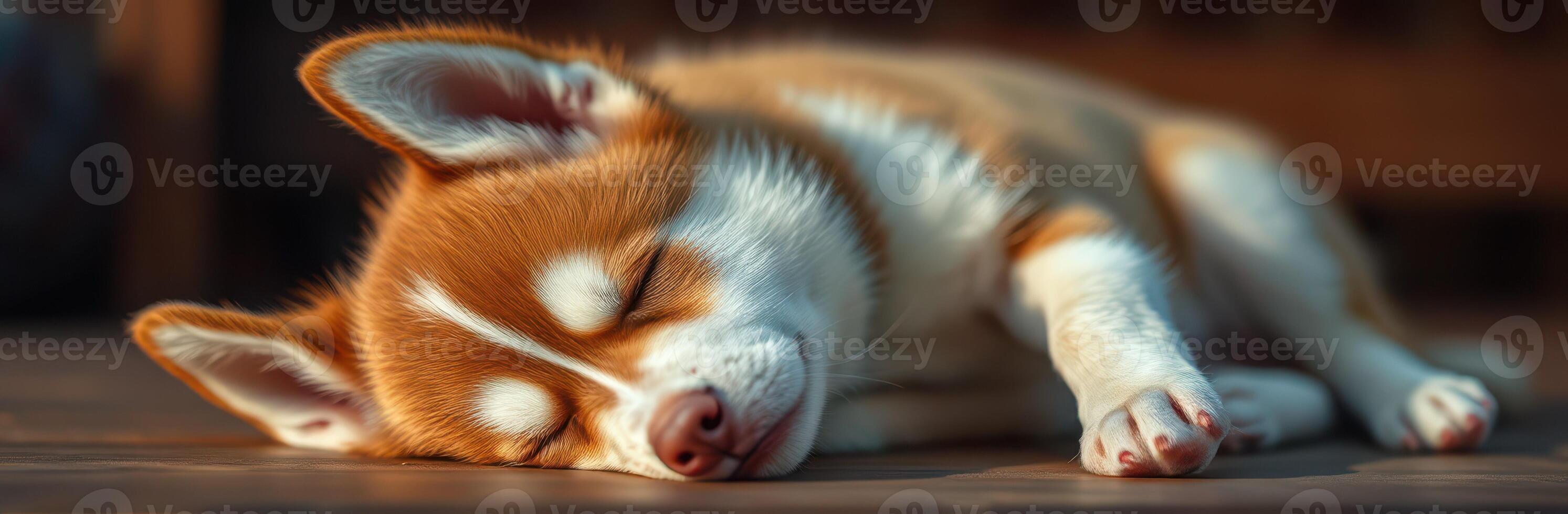 Cute sleeping corgi puppy resting peacefully on wooden floor in warm afternoon sunlight, showcasing its fluffy fur and adorable expressions photo