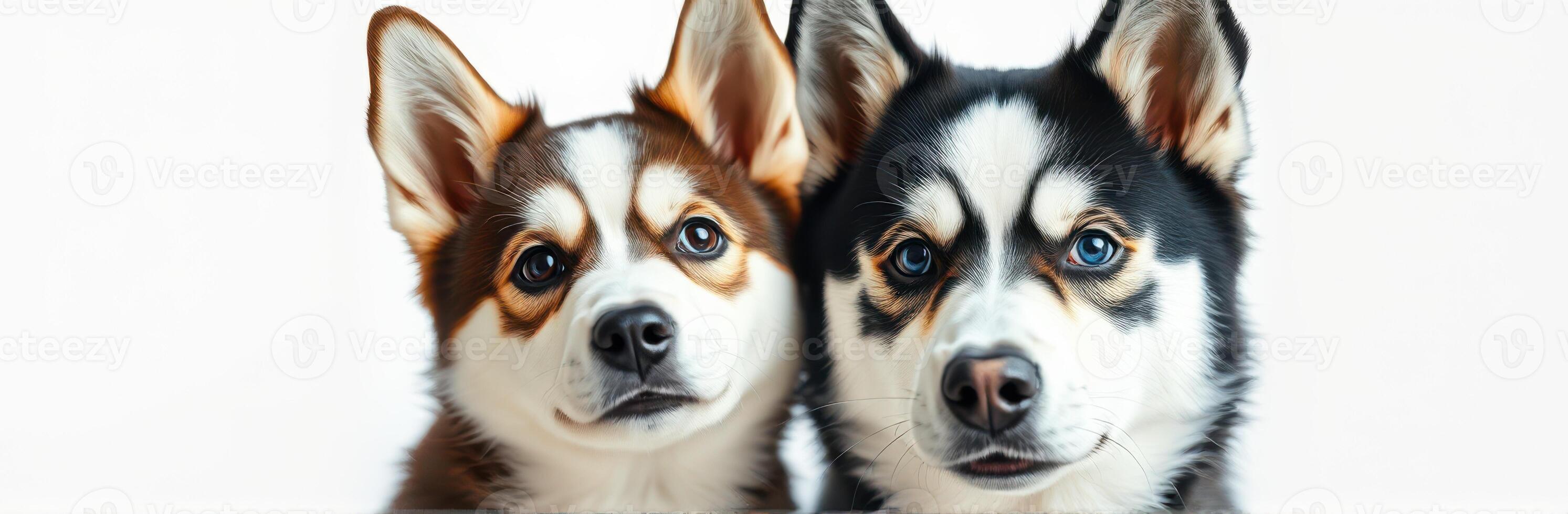 Two adorable dogs posing closely together with captivating expressions and vibrant fur colors in soft lighting photo