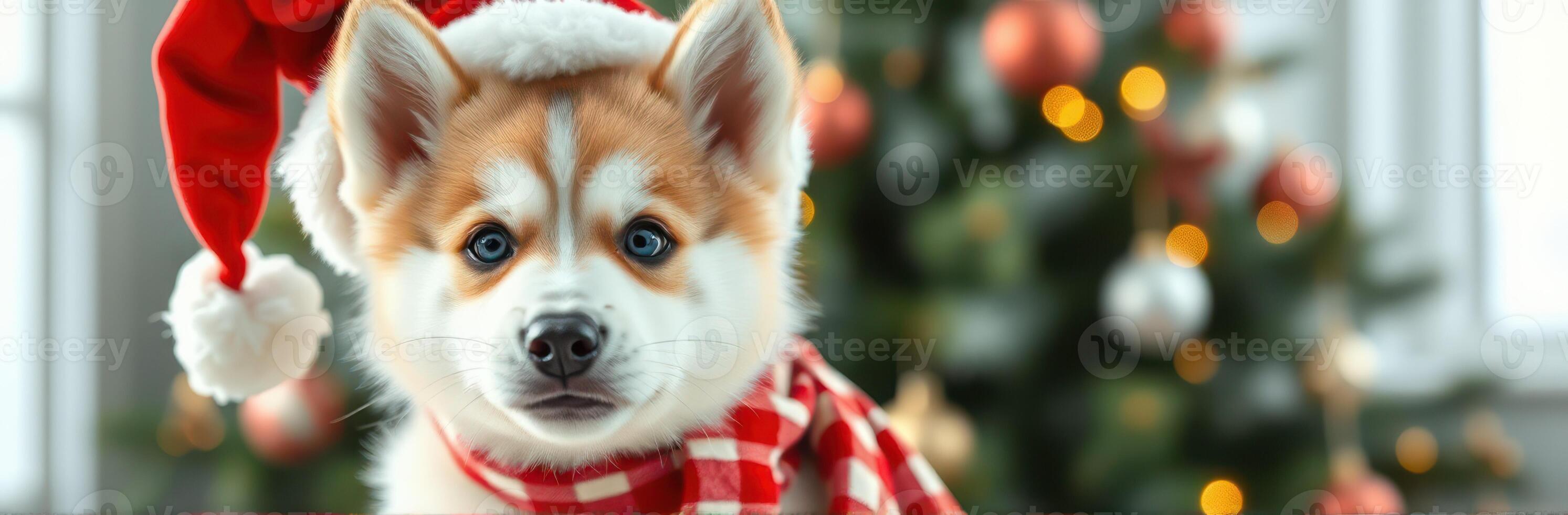 Corgi puppy wearing Christmas hat and scarf in front of decorated tree with twinkling lights photo