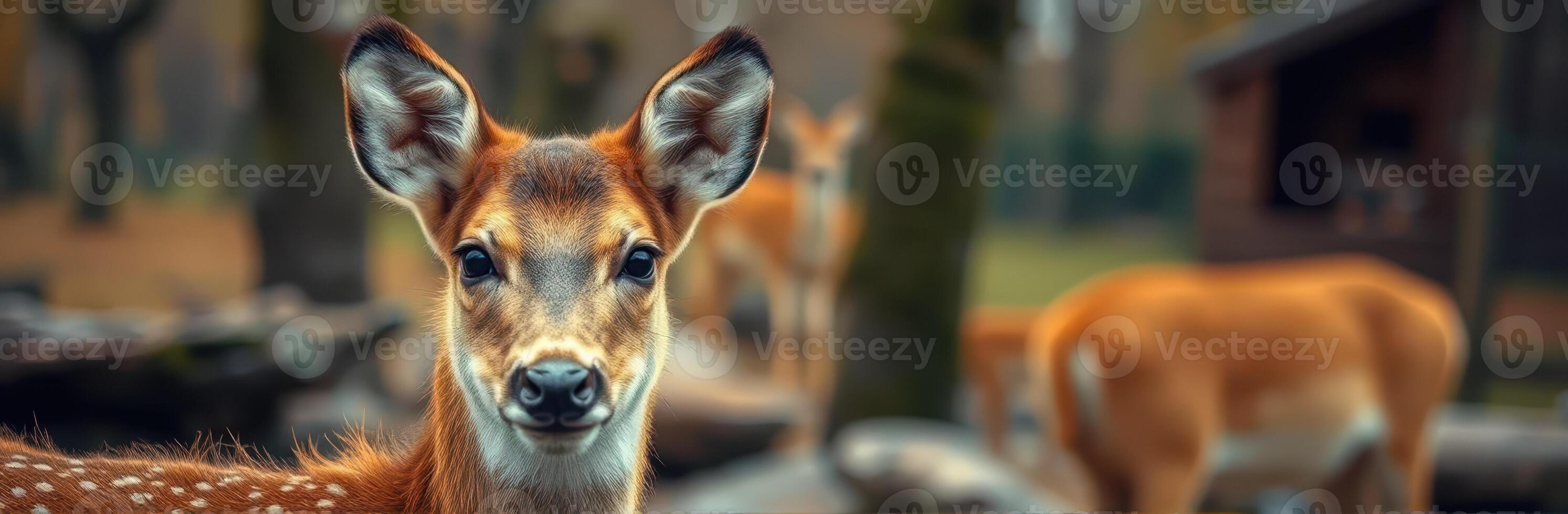 Close-up of a young deer looking curiously at the camera in a forest environment during early morning hours photo