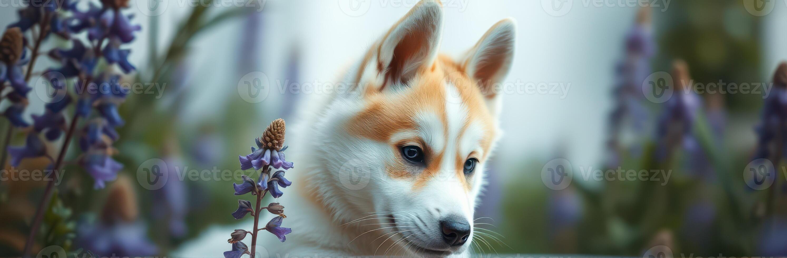Corgi puppy resting amidst vibrant wildflowers in a serene garden setting during a sunny afternoon photo