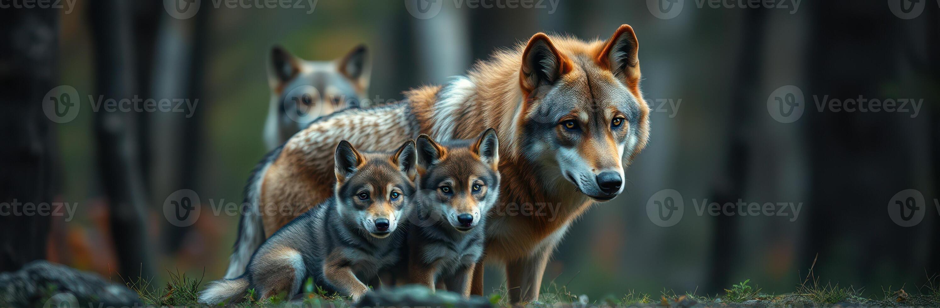 Family of wolves standing together in a forest setting during the twilight hours photo