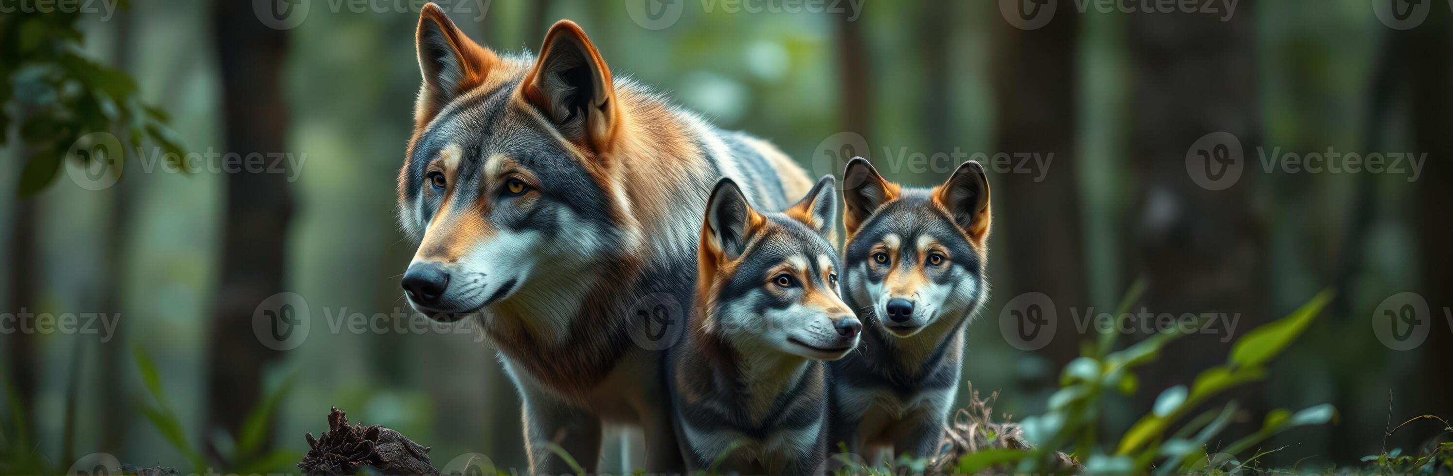 Three wolves explore a forested area during the early morning light in a serene natural setting photo