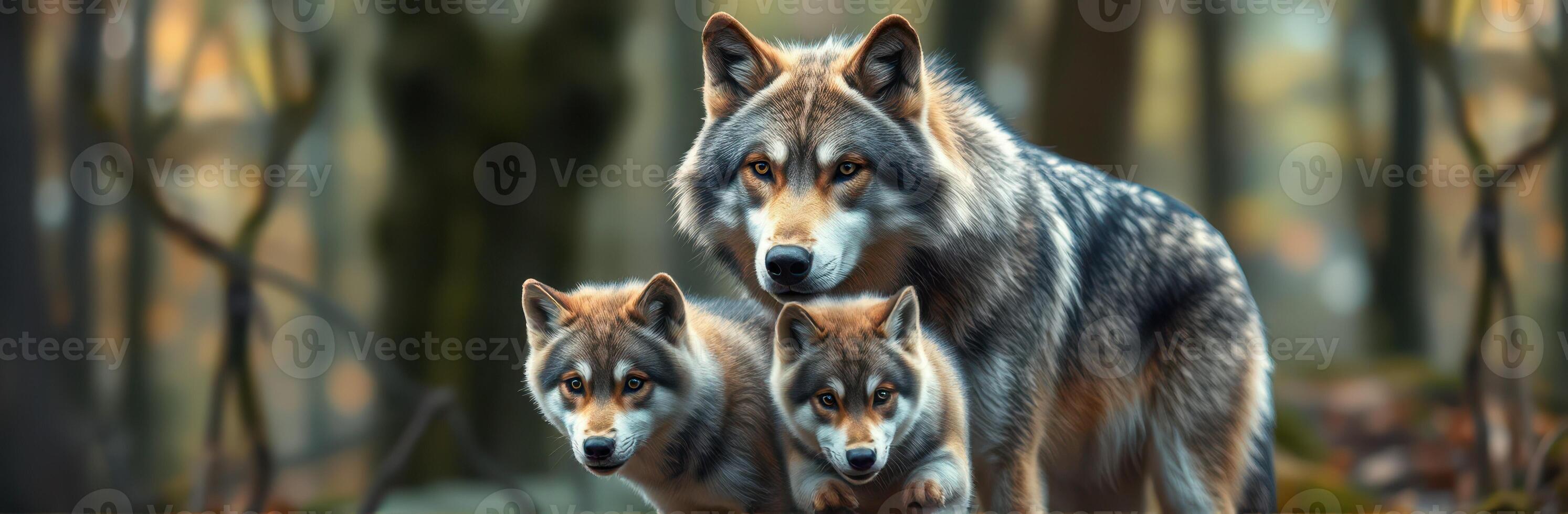Adult wolf stands protectively with two playful pups in a serene forest setting during autumn photo