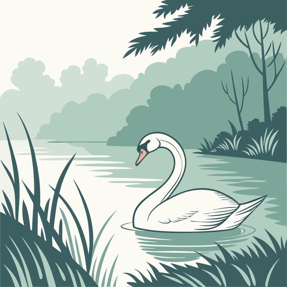 The illustration of swan bird on lake vector
