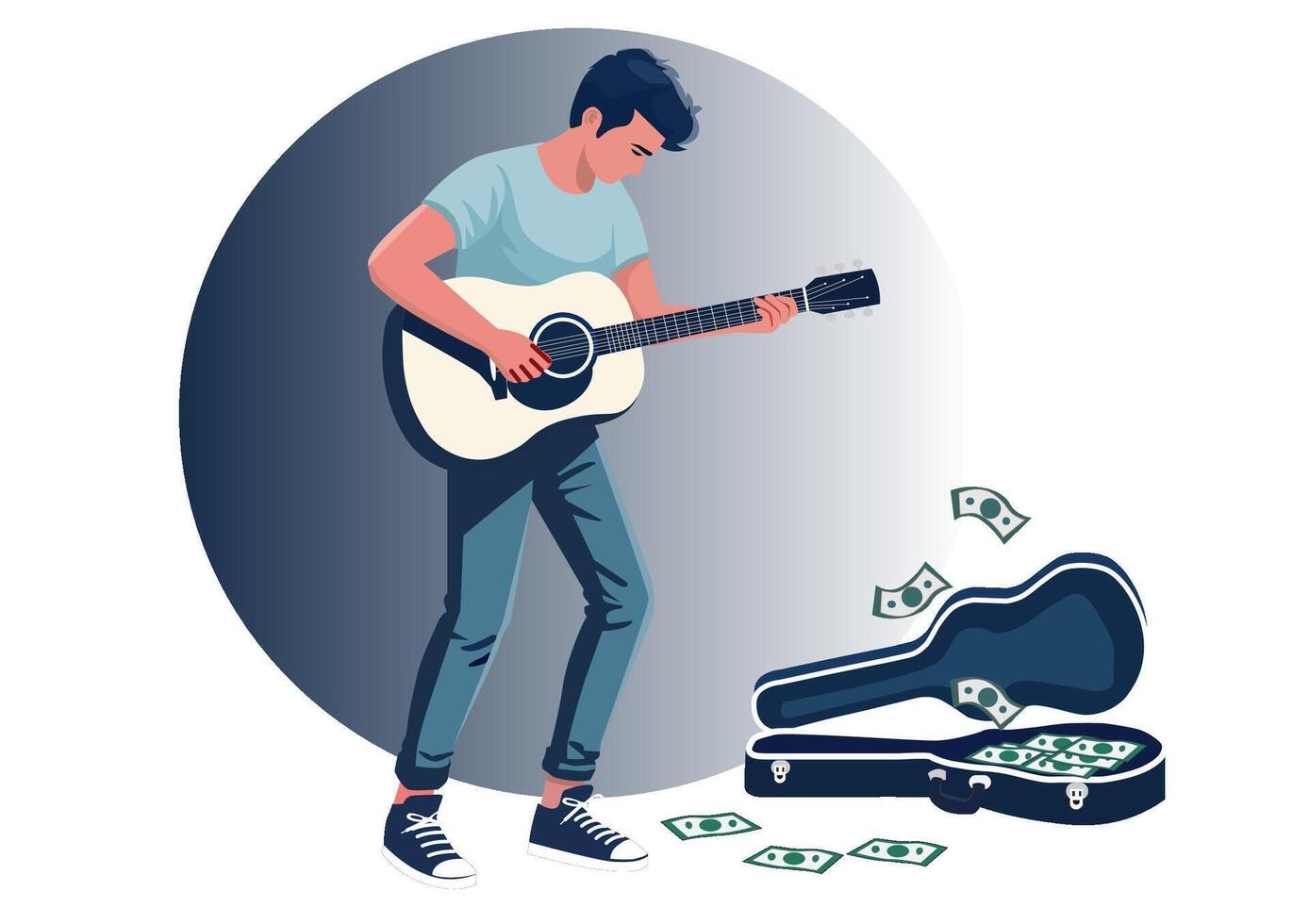 Flat illustration A young man plays guitar on a public sidewalk. He opened guitar cases and put them on the floor to earn a living. vector