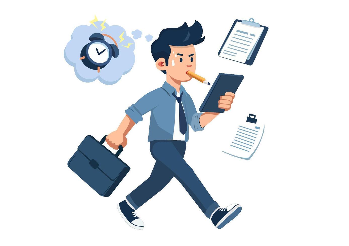 Flat illustration. tired businessman He looked at the schedule. with a deadline alarm clock ringing above vector