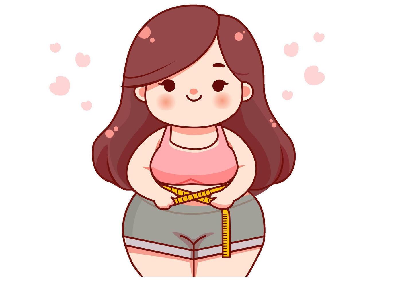 cute cartoon illustration A fat girl measures her waist circumference. She smiled contentedly. vector