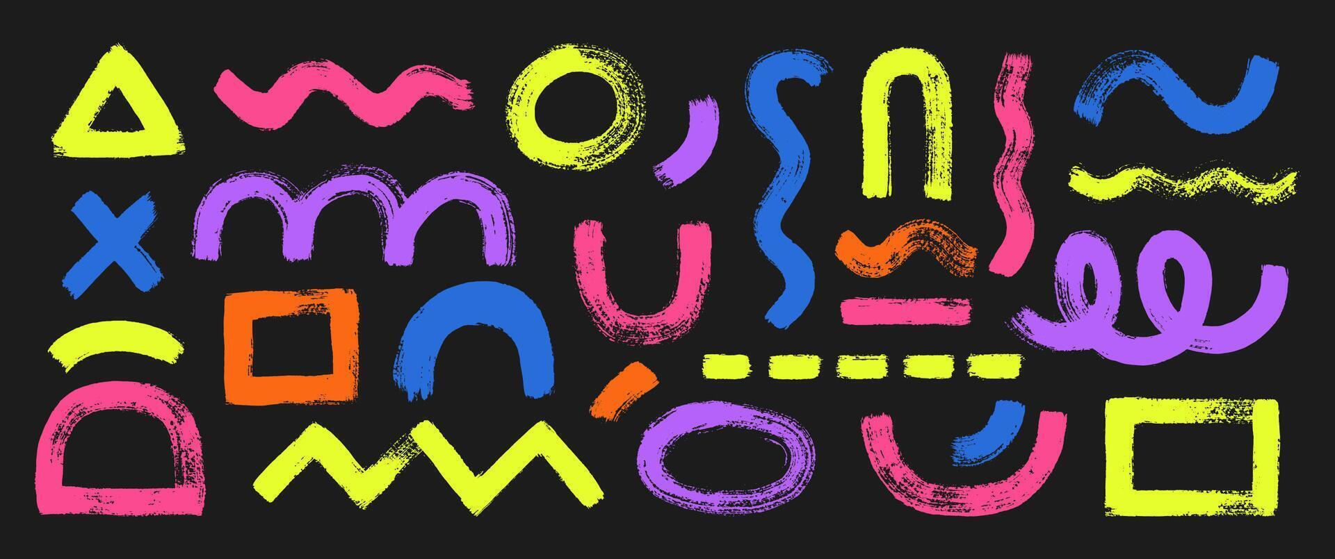Set of organic funky shapes with brush or chalk texture. Triangle, circle and zigzag. Color illustration on a blackboard. vector