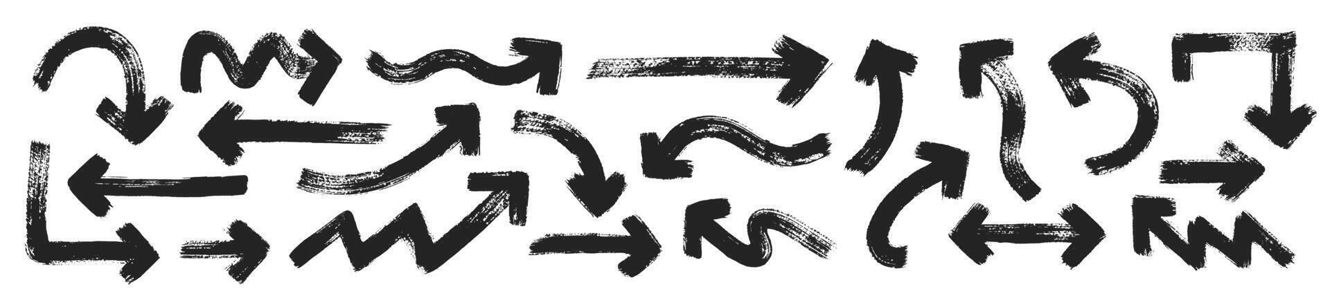 Set of grunge hand drawn arrows with paintbrush texture. Sketch ink design. Doodle abstract arrows in different directions. Black illustration on a white background. vector