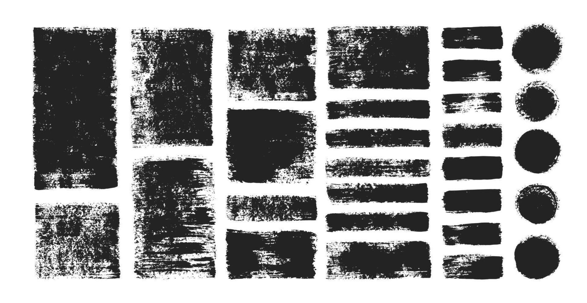 Text boxes, frames and round brush strokes with grungy organic textures. Rough circle and rectangle painted by dry brush. illustration. vector