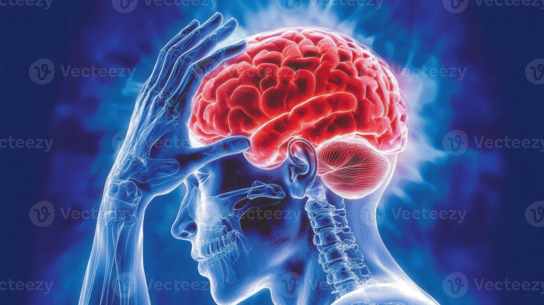 Human brain highlighted in red showing migraine or headache with x ray effect and hands touching head photo