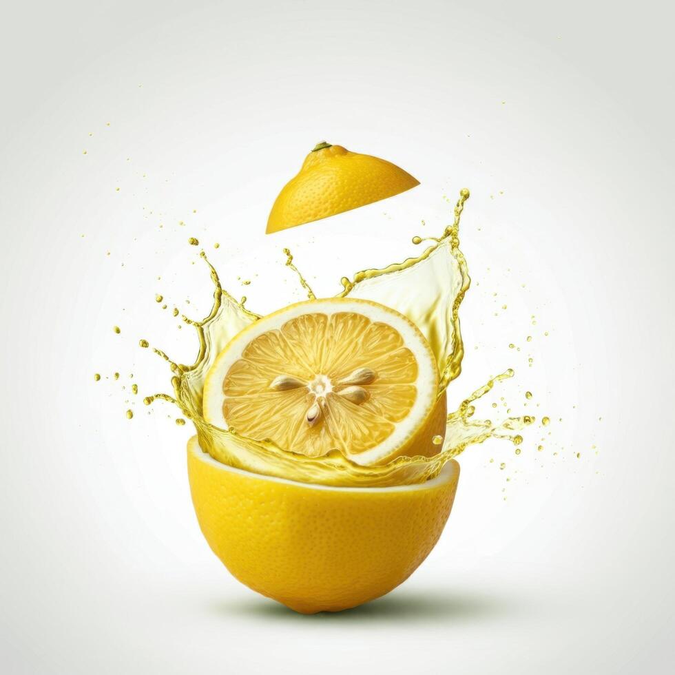 Juicy lemon slice bursting open on white background for food styling photo