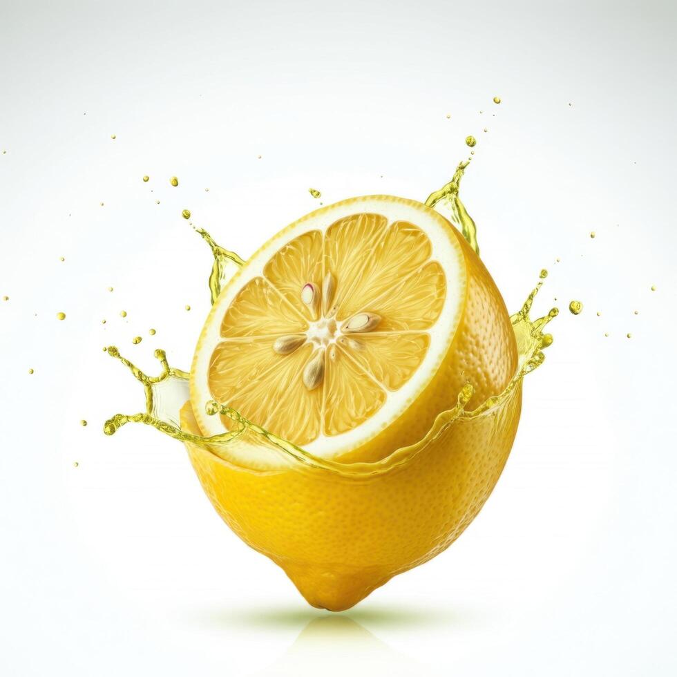 Zesty lemon slice bursting open with juiciness on white background photo