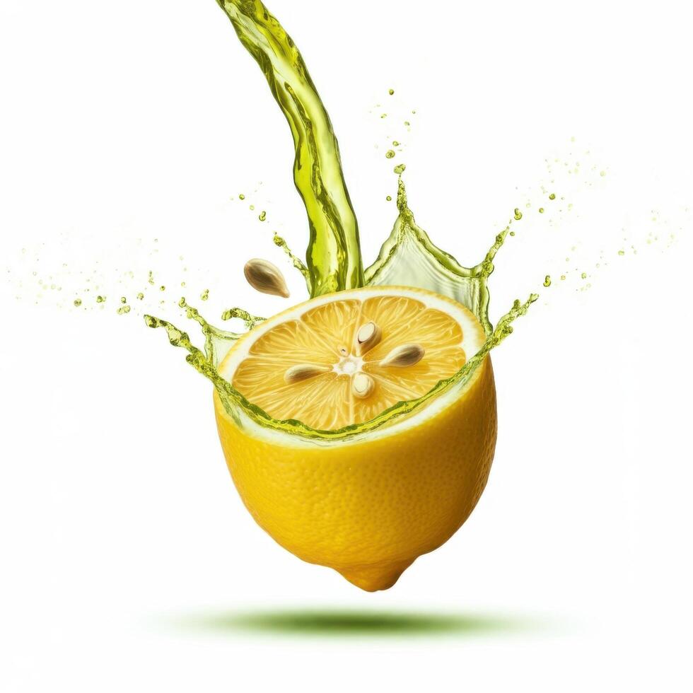 Antioxidant rich lemon slice bursting open on white background for wellness themes photo