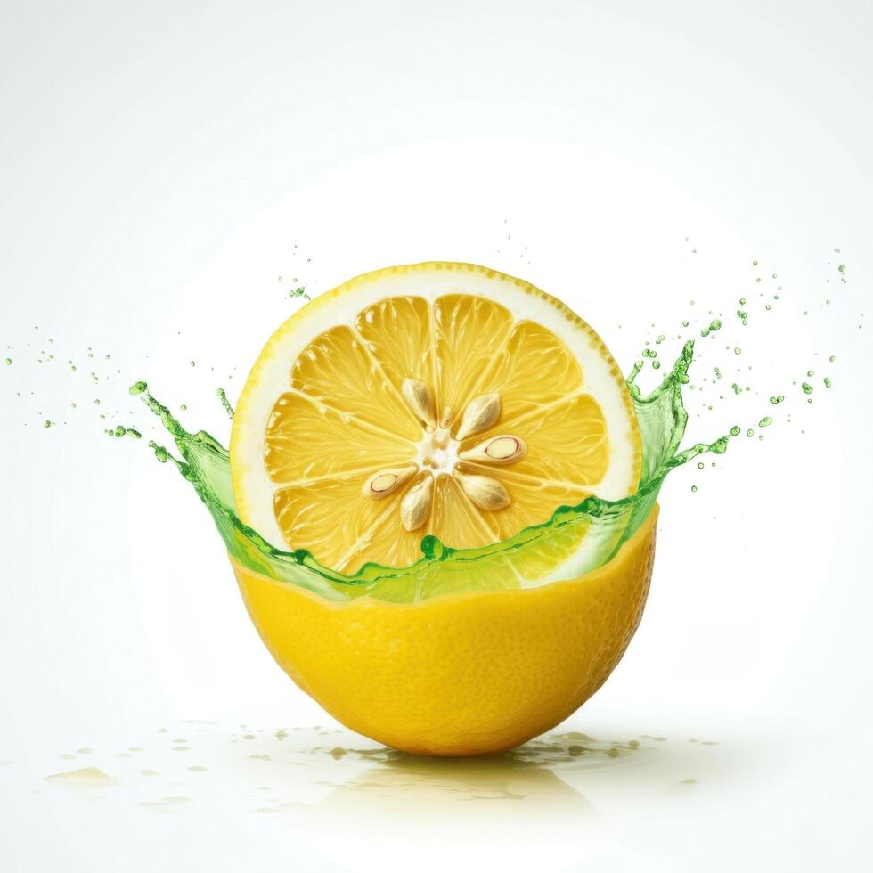 Freshly cut lemon half slice bursting open on white background for food photography photo