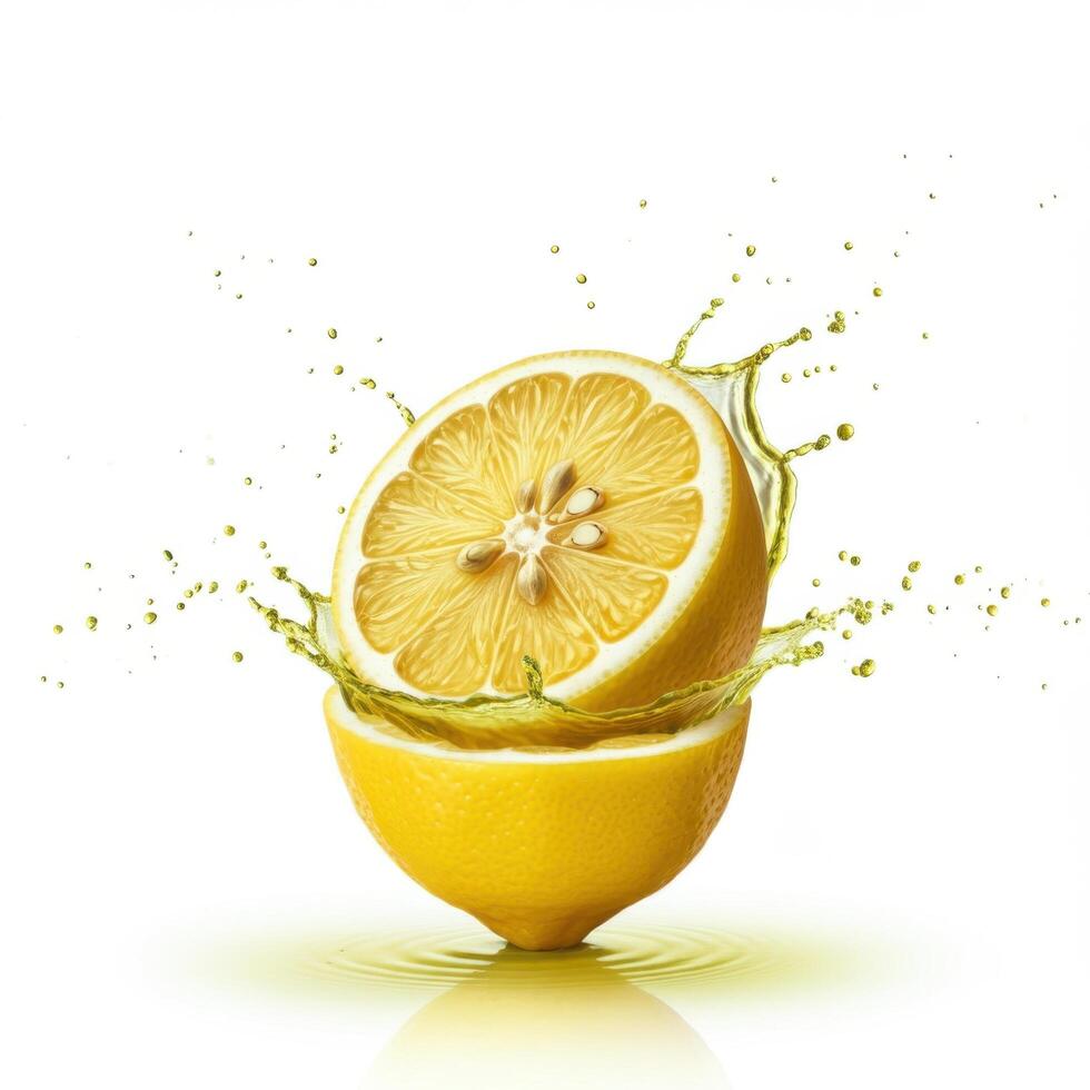 Lively lemon slice bursting open with zestful freshness on white background photo