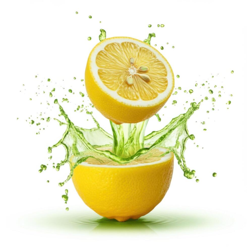 Zesty lemon half slice bursting with juiciness on white background for refreshing visuals photo