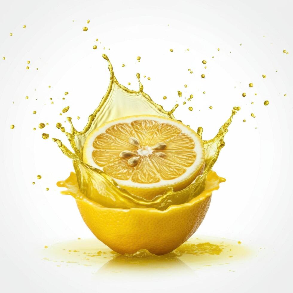 Healthy lemon slice bursting open displaying its vibrant juiciness on white background photo