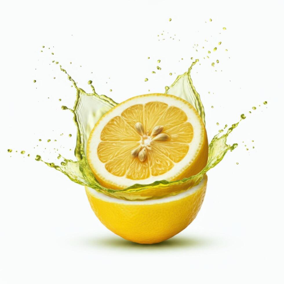 Citrus lemon slice bursting open with vibrant juiciness on white background photo