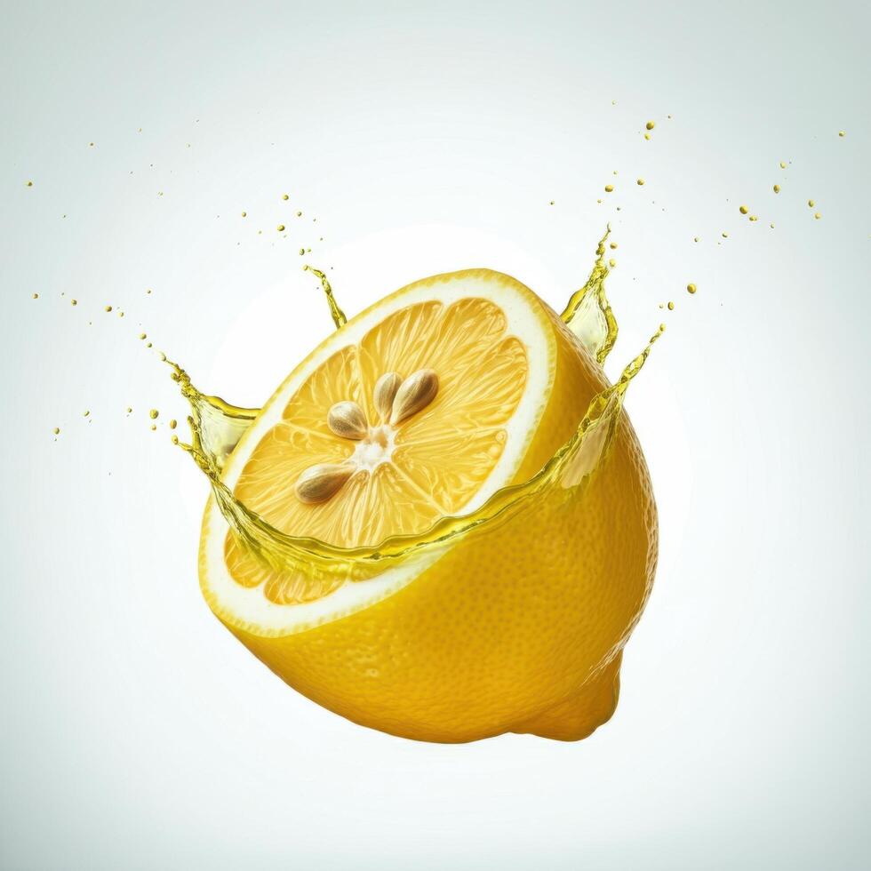 Natural lemon slice bursting open revealing its juiciness on white background photo