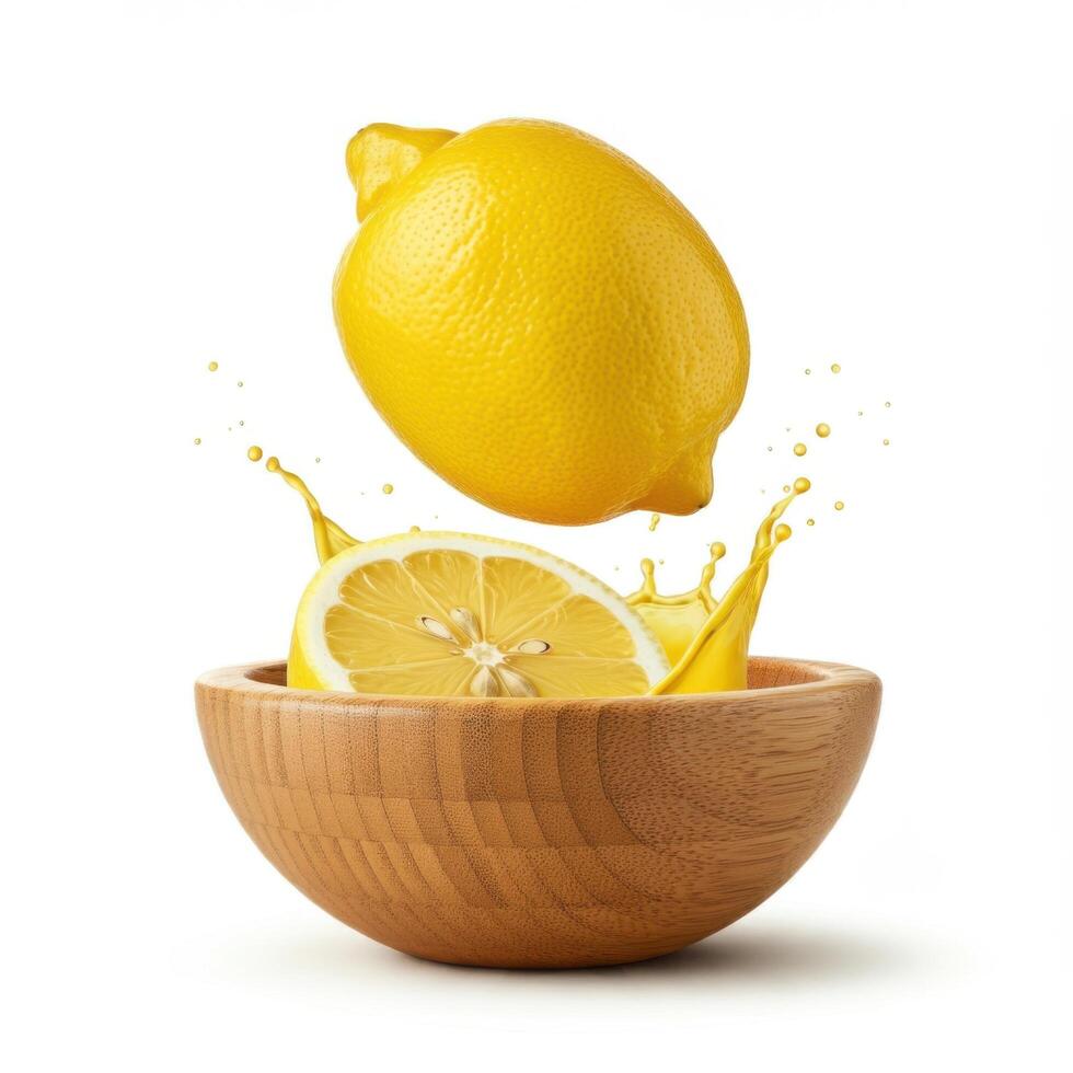 Tangy lemons overflowing in a wooden bowl highlighting their juiciness photo