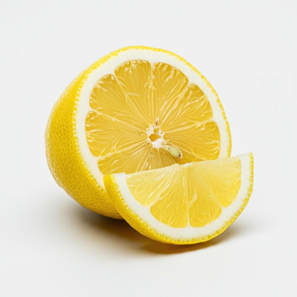 Freshly cut half slice lemon isolated on white background photo