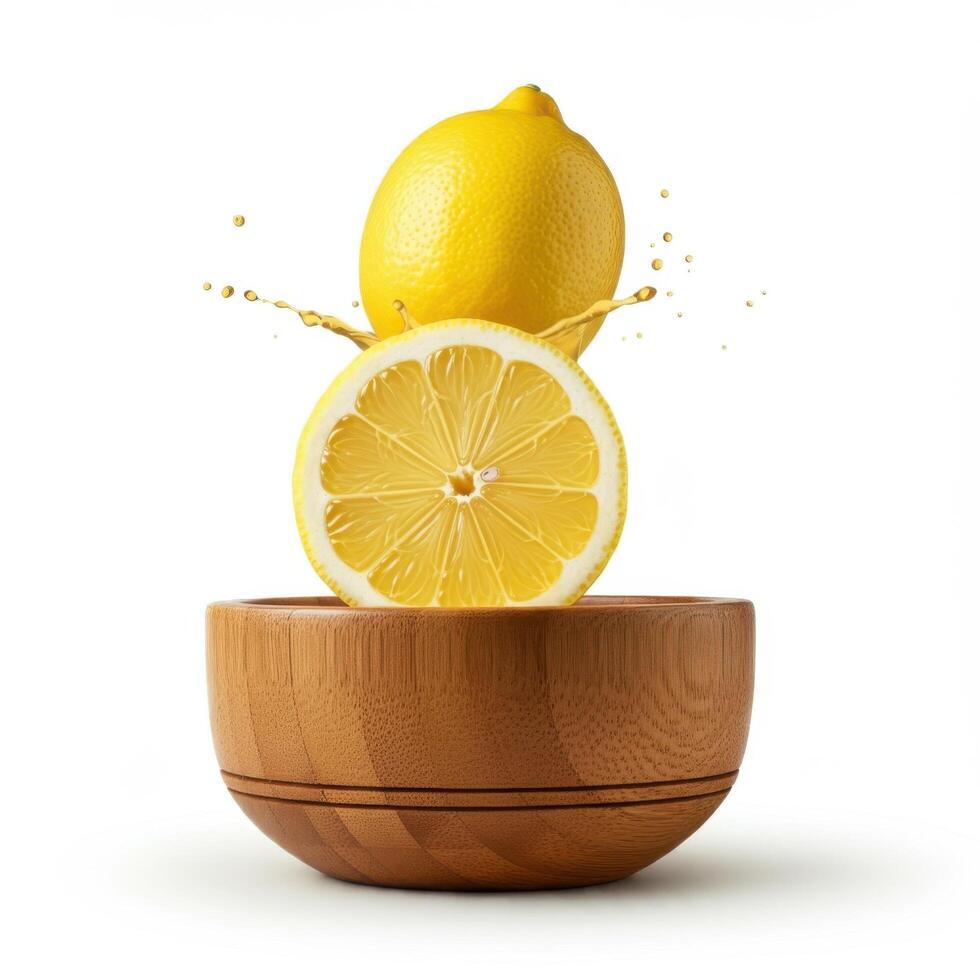 Refreshing half slice lemon bursting open overflowing in a decorative bowl photo