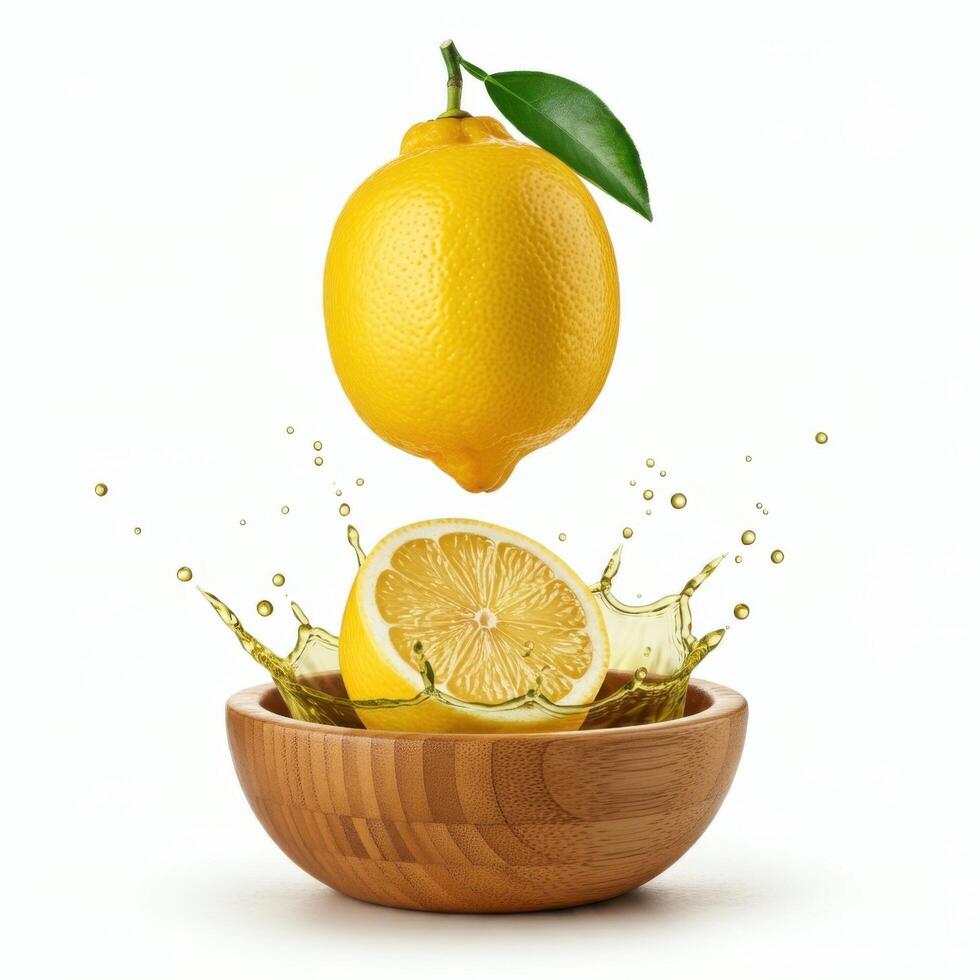 Seasonal half slice lemon bursting open overflowing in a rustic bowl photo