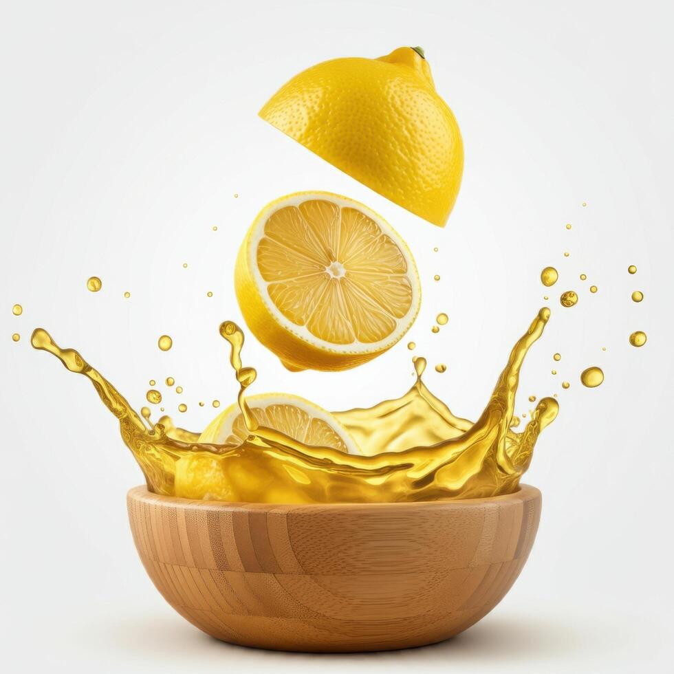 Juicy half slice lemon bursting open overflowing in a rustic wooden bowl photo