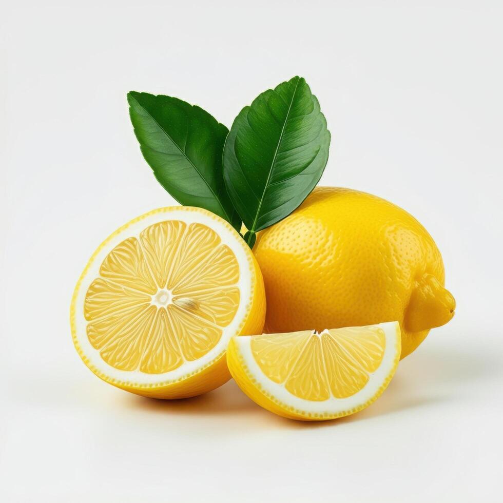 Freshly cut half slice lemon with leaf isolated on white background photo