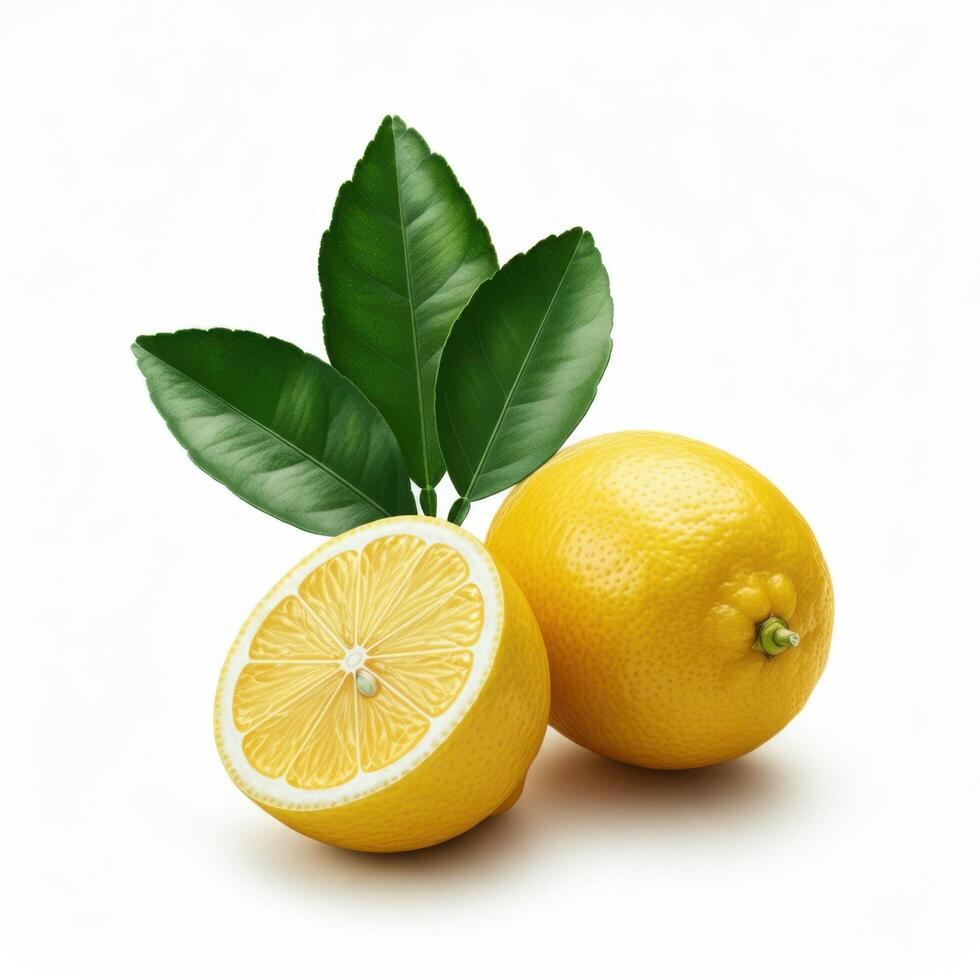 Organic half slice lemon with leaf highlighting its zestful flavor and aroma photo