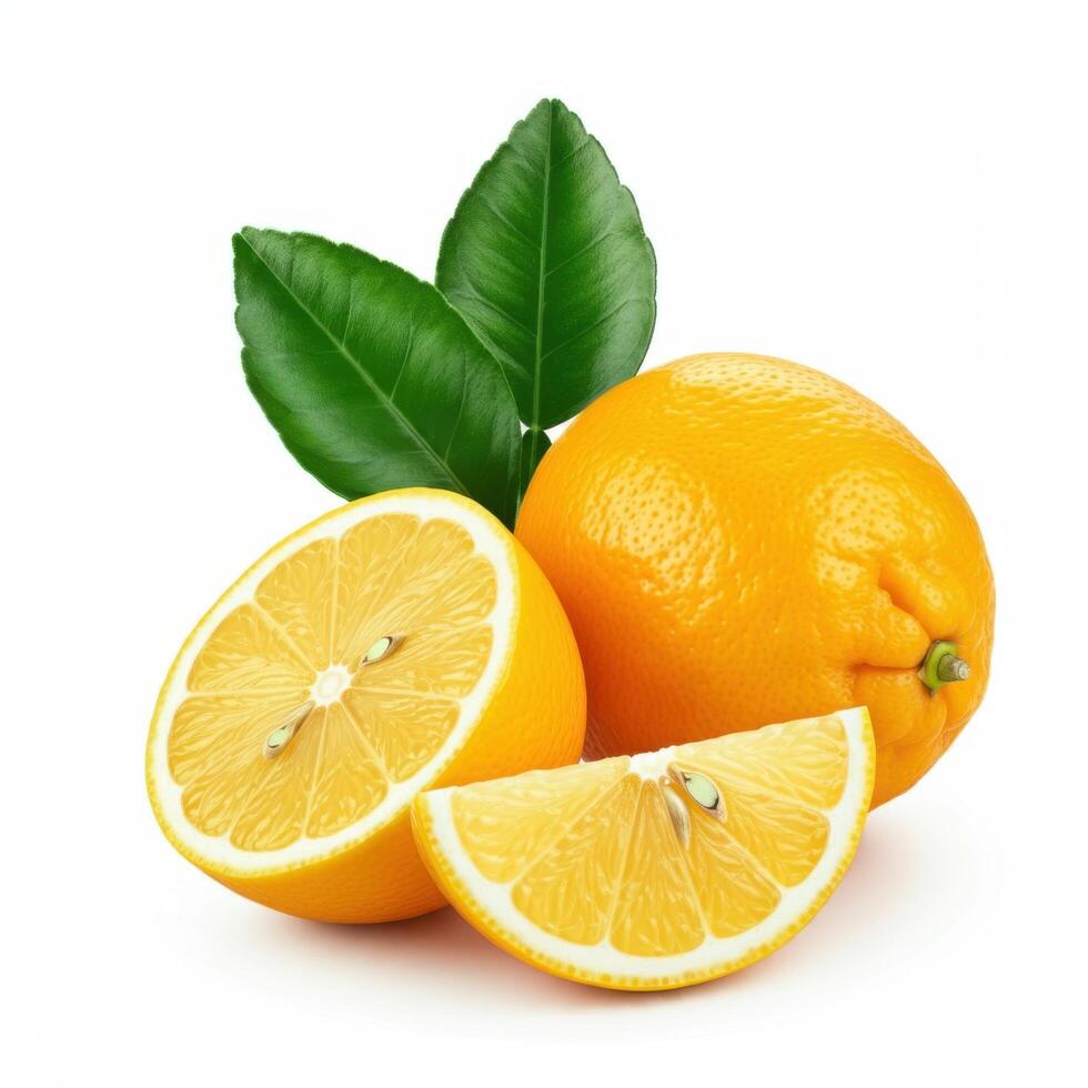 Fresh half slice lemon with leaf isolated on white background citrus delight photo