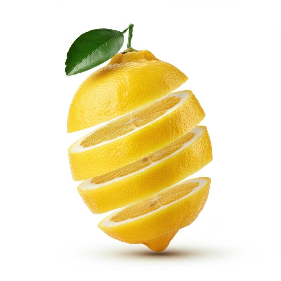 Freshly cut slice lemon with leaf isolated on white background photo