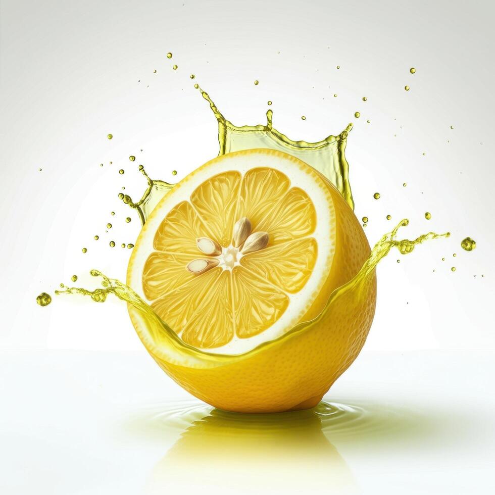 Sliced half juicy lemon bursting open in water isolated on white background citrus freshness photo