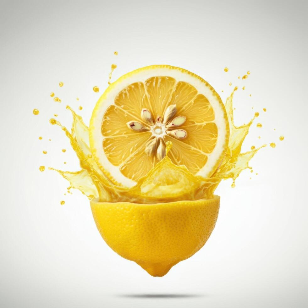 Vibrant lemon slice bursting open in water for creative projects photo