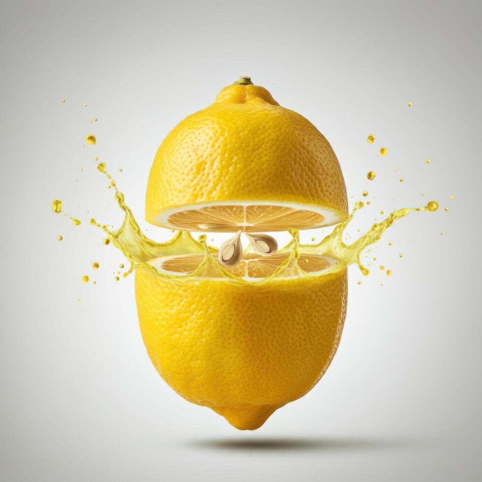 Freshly cut lemon slice bursting open in water for citrus photography photo