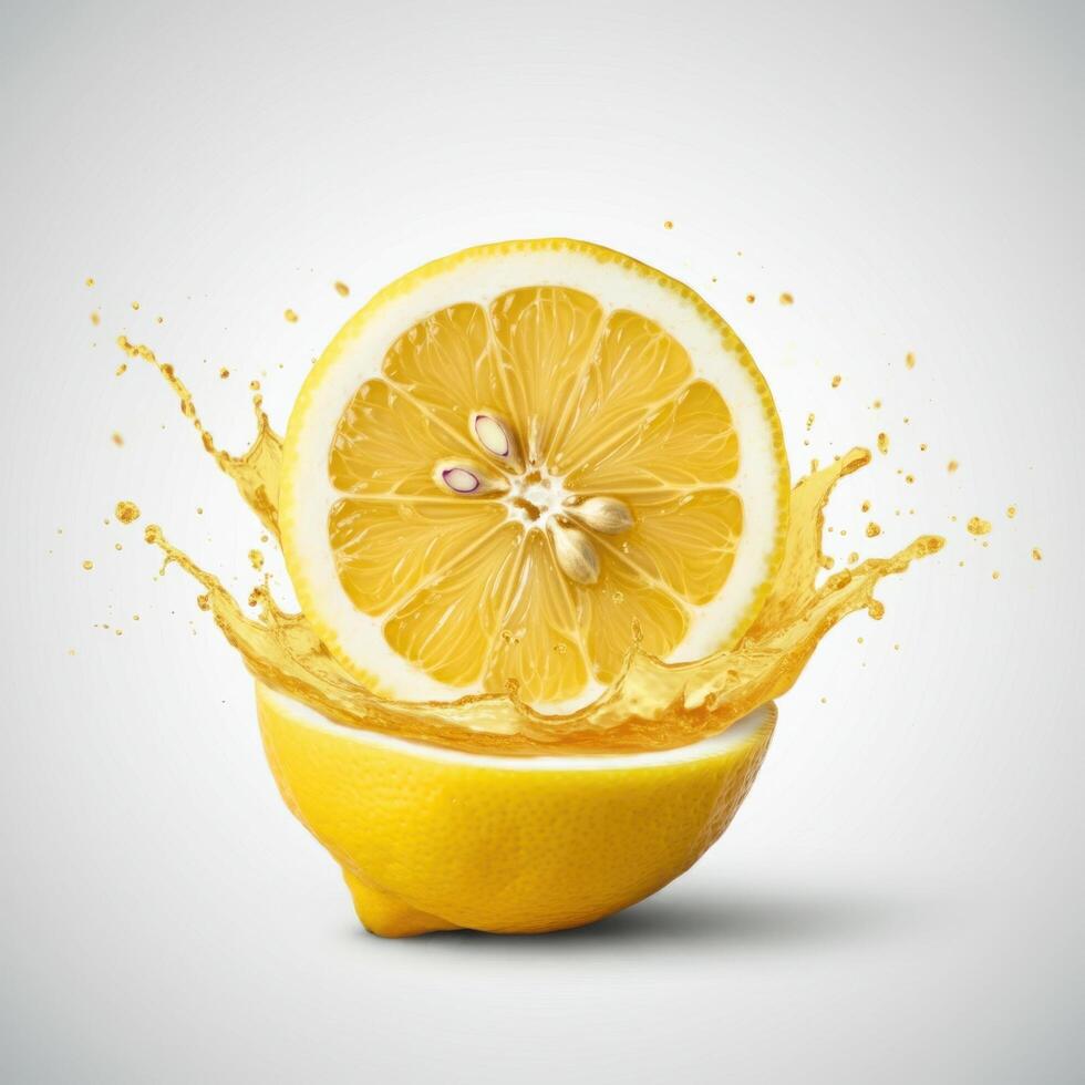Antioxidant rich lemon slice bursting open in water for energy drinks photo