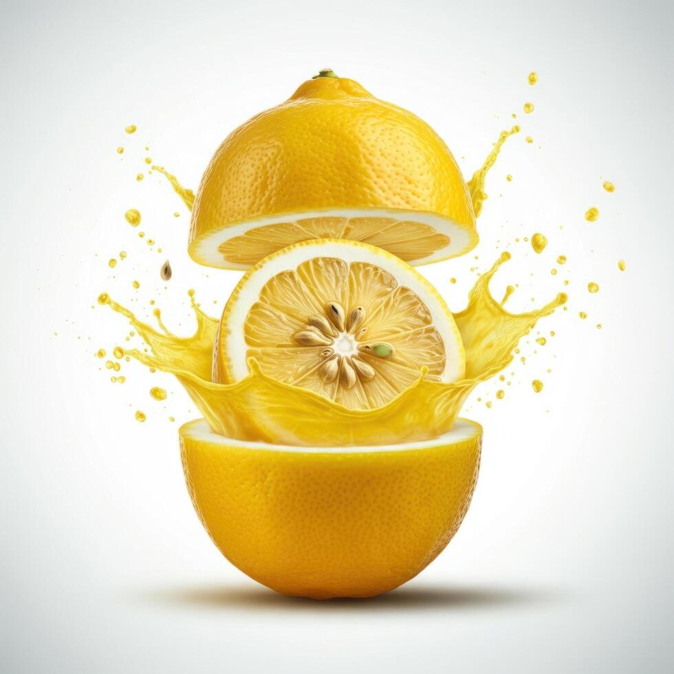 Vibrant lemon slice bursting open in water for colorful themes photo