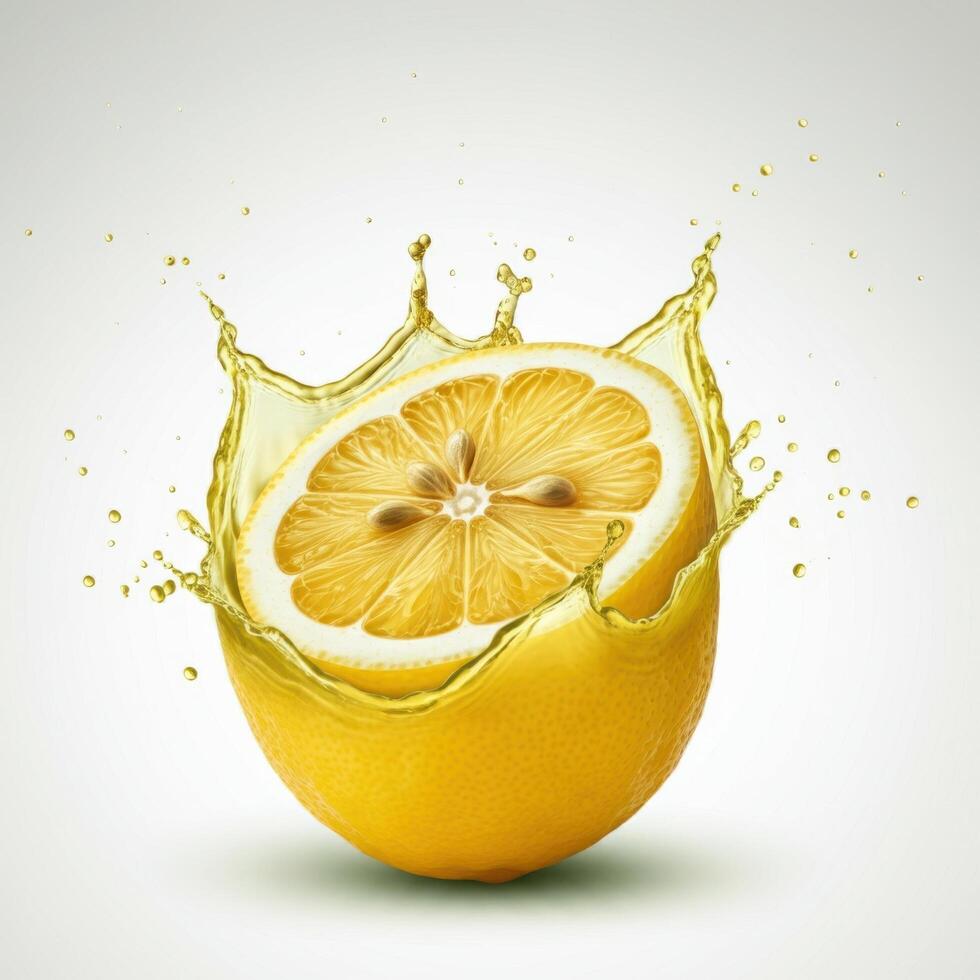 Refreshing lemon slice bursting open in water ideal for summer beverages photo