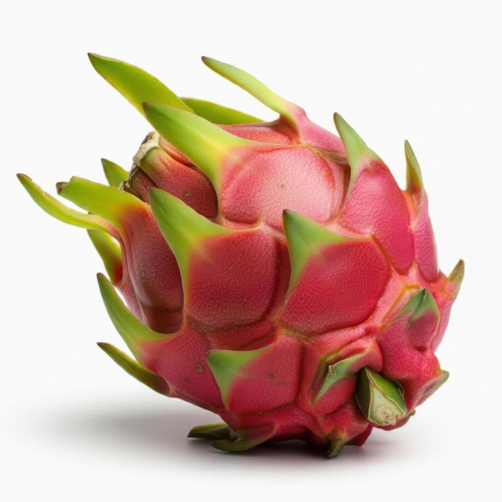 Halved dragon fruit slices positioned in a basket on white background for appealing food imagery photo