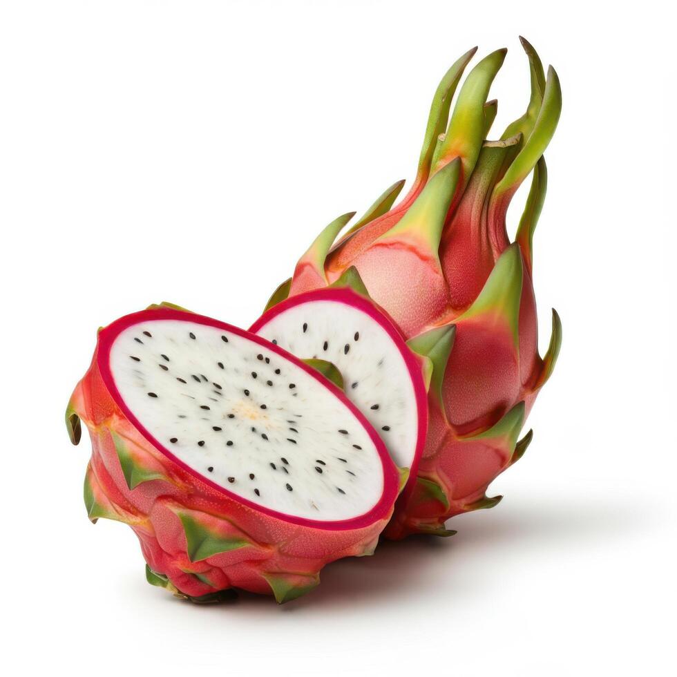 Dragon Fruit Slices Neatly Arranged on White Surface photo