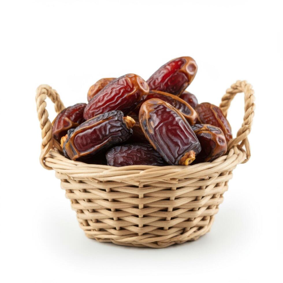 Artistic arrangement of fresh dates fruit overflowing in decorative basket for gourmet touch photo