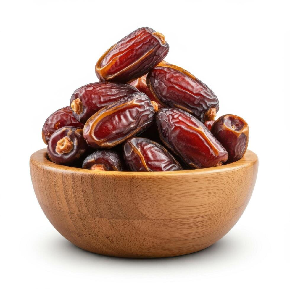 Fresh dates fruit overflowing in wooden bowl showcasing rustic elegance for food blogs photo