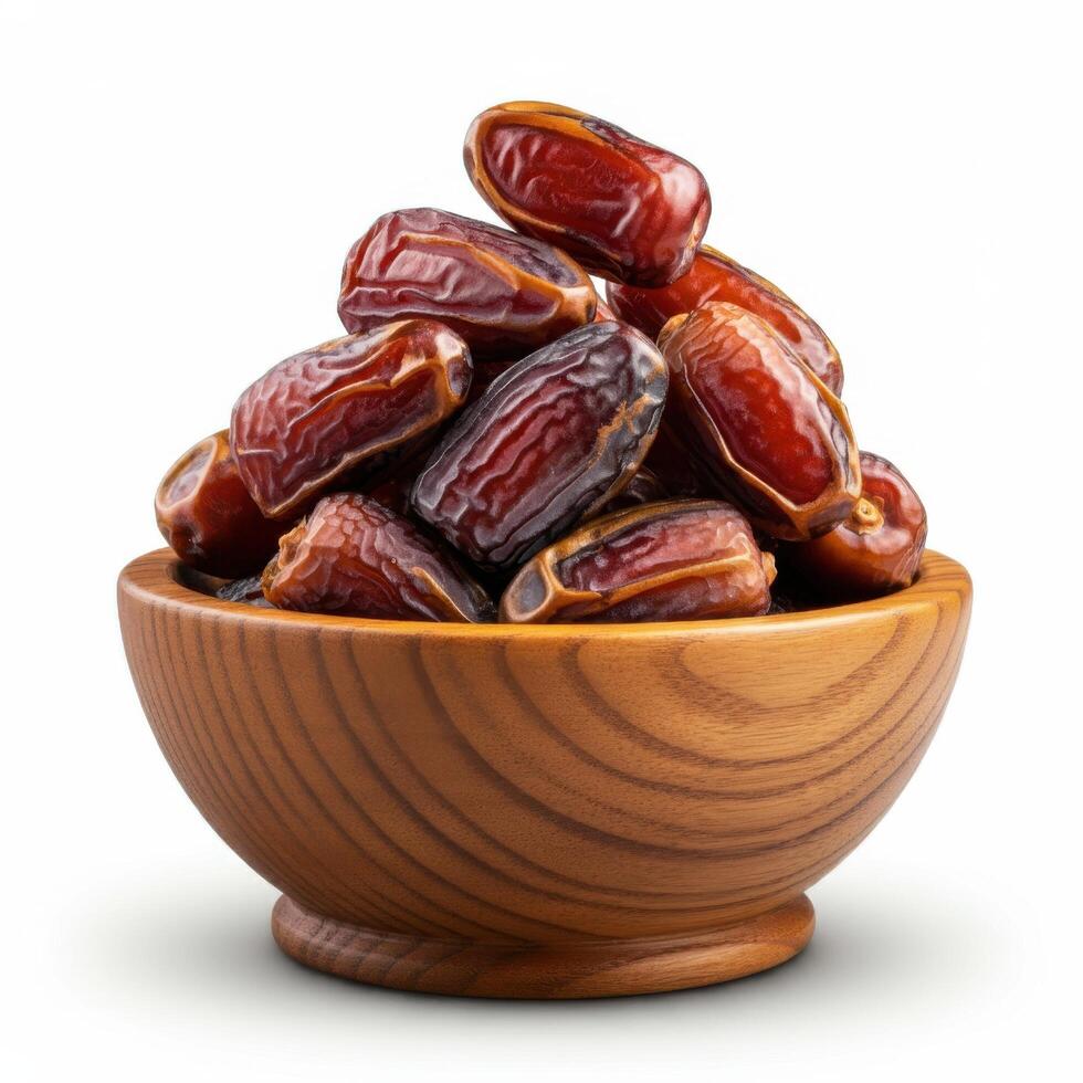 Scrumptious fresh dates fruit overflowing in wooden bowl for casual yet elegant snacking photo