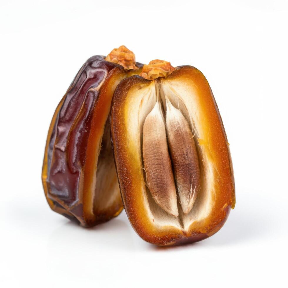 Delectable half slice fresh juicy dates fruit on white background for sophisticated recipe creations photo